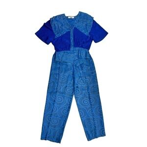 VTG GIUSI SLAVIERO Pant Suit Italy Sapphire Blue Damask Silk Sz M